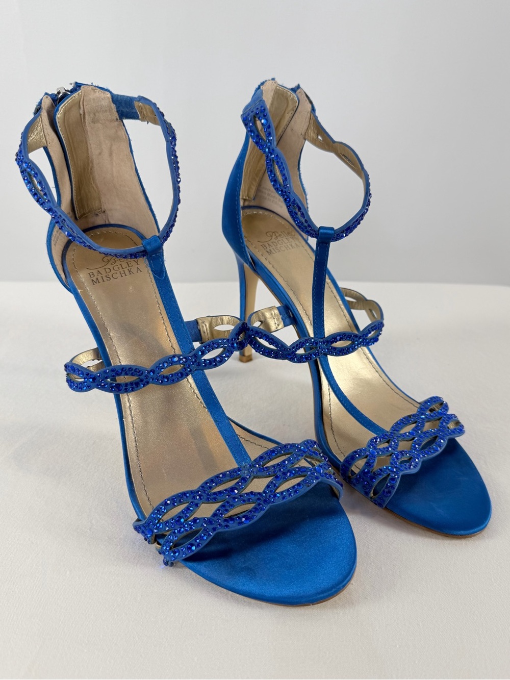 Belle Badgley Mischka Cobalt Blue Beaded Satin T-Strap Heels Size 7